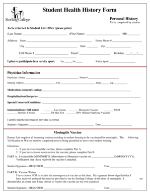 Student Health History Form
