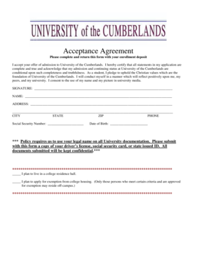 University of the Cumberlands Acceptance Agreement