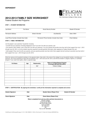 2012-2013 Family Size Worksheet