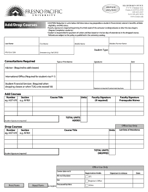 Fresno Pacific University Add/Drop Courses Form
