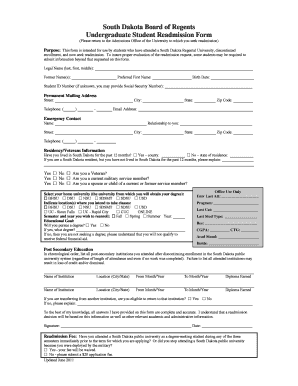 South Dakota Undergraduate Student Readmission Form