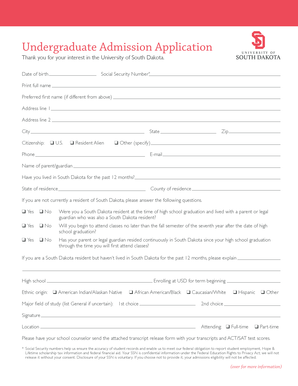 University of South Dakota Undergraduate Admission Application