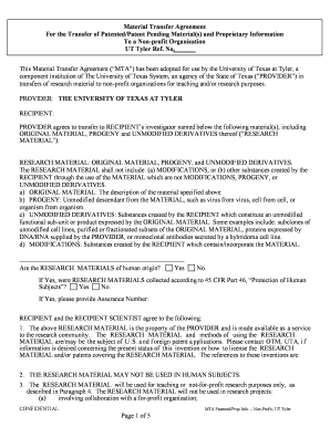 Material Transfer Agreement for Patented Research Materials