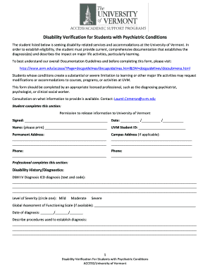 Disability Verification Form for Psychiatric Conditions