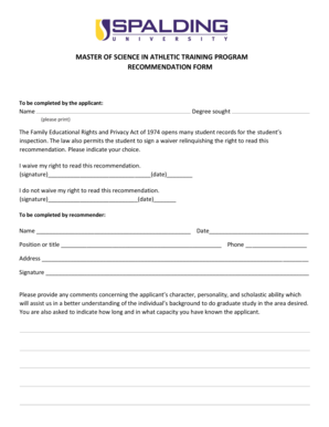 Master of Science in Athletic Training Program Recommendation Form