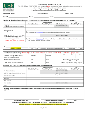 Mandatory Immunization Health History Form
