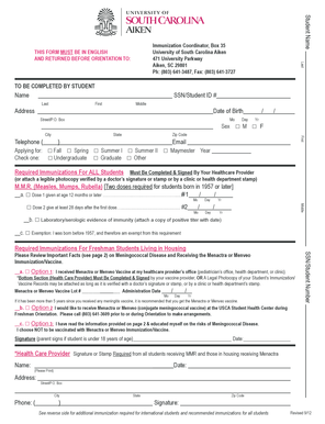 University of South Carolina Aiken Immunization Form