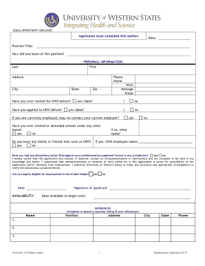 University of Western States Employment Application