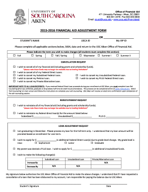 USC Aiken Financial Aid Adjustment Form