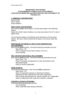 Standardized Curriculum Vitae Format for Promotion and Tenure