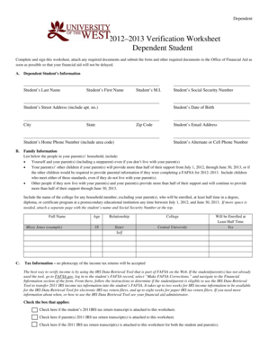 2012–2013 Dependent Student Verification Worksheet