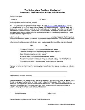 University of Southern Mississippi FERPA Consent Form
