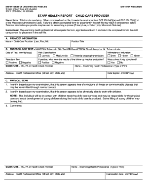Staff Health Report – Child Care Provider