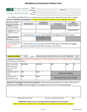 USF Mandatory Immunization History Form