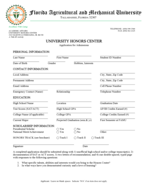 Florida A&M University Honors Center Application