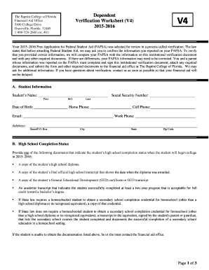 Baptist College of Florida Financial Aid Verification Worksheet