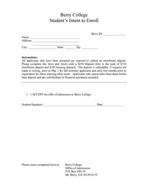 Berry College Student Intent to Enroll