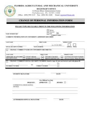 Florida A&M University Change of Personal Information Form