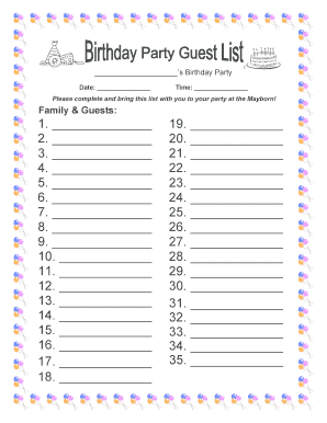 Birthday Party Guest List Form