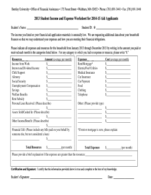 2014-15 Student Income and Expense Worksheet
