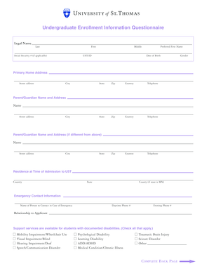 Undergraduate Enrollment Information Questionnaire