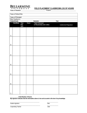 Field Placement Classroom Log of Hours