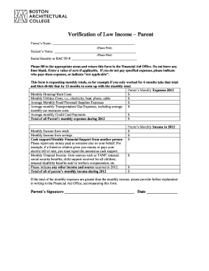Verification of Low Income – Parent