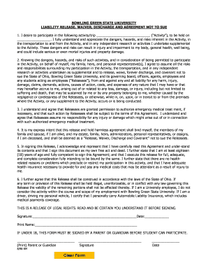 Bowling Green State University Liability Release Form