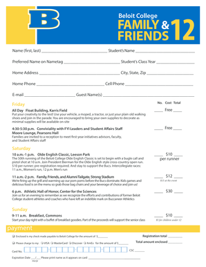 Beloit College Family and Friends Weekend Registration Form