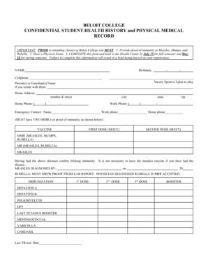Beloit College Student Health History and Physical Medical Record