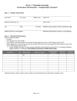 Brandeis University Verification Worksheet