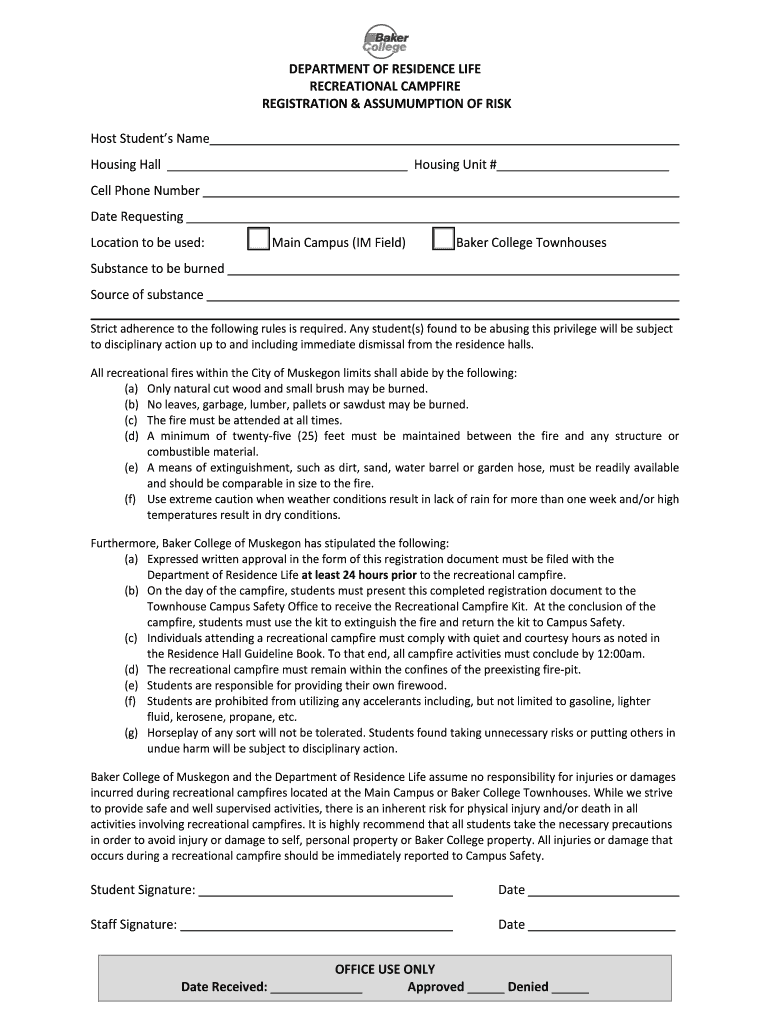 Fillable Online baker DEPARTMENT OF RESIDENCE LIFE RECREATIONAL ...