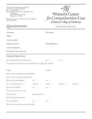 Women's Center Health Questionnaire