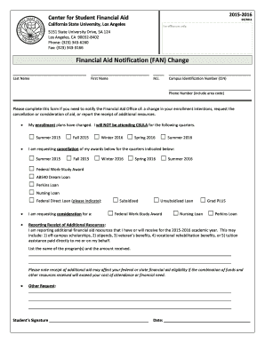 Financial Aid Notification Change Form