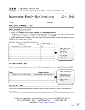 Independent Family Size Worksheet 2014-2015