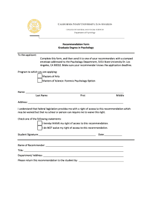 Graduate Psychology Recommendation Form