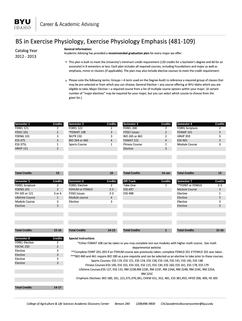 Fillable Online byui BS in Exercise Physiology Exercise Physiology