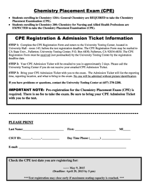 Chemistry Placement Exam Registration Form