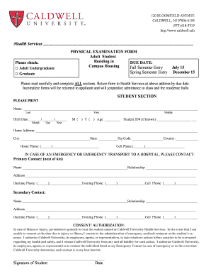 Caldwell University Physical Examination Form