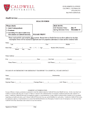 Caldwell University Health Form