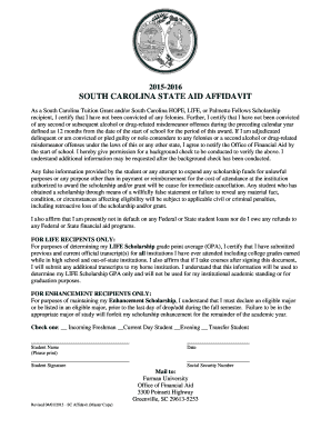 South Carolina State Aid Affidavit