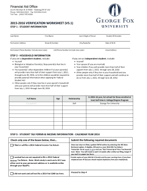 2015-2016 Verification Worksheet
