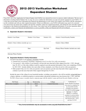 2012–2013 Verification Worksheet for Dependent Student