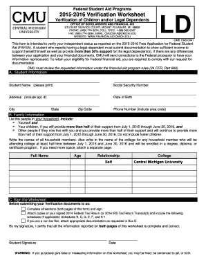 2015-2016 Verification Worksheet for Federal Student Aid