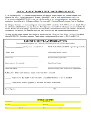 Parent Direct PLUS Loan Response Sheet