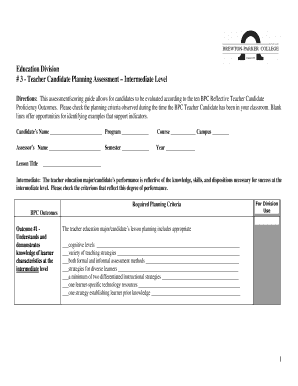 Teacher Candidate Planning Assessment – Intermediate Level