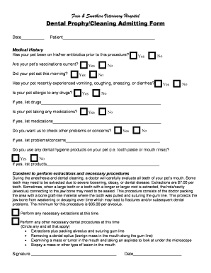 Veterinary Dental Cleaning Admitting Form