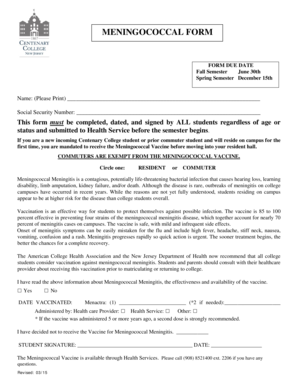 World archery score sheet - MENINGOCOCCAL FORM - Centenary College of New Jersey - centenarycollege