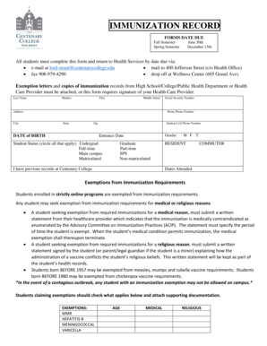 IMMUNIZATION RECORD - Centenary College - centenarycollege