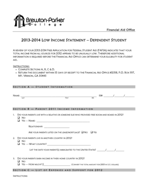 2013-2014 Low Income Statement – Dependent Student